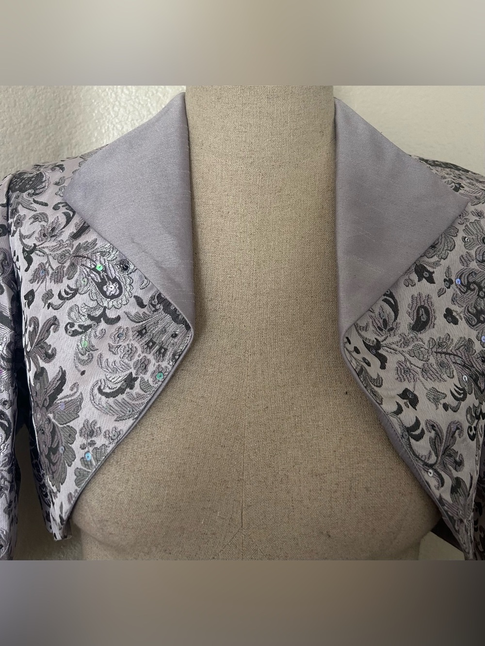 R&M Richards Silver Floral Brocade Cropped Jacket